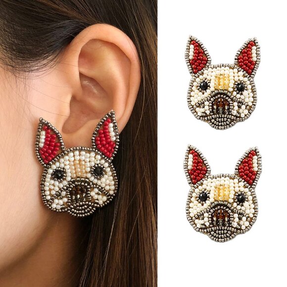 SET OF 2 PAIRS NEW Frenchie French Bulldog Seed Bead Earrings Boutique Quality - Picture 7 of 9